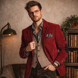 Adolfo Red Corduroy Blazer Men 42R Sport Coat Black Elbow Patch Old Money Preppy